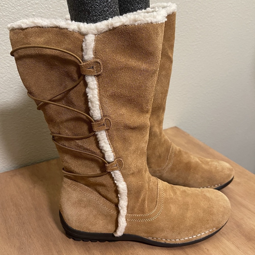 Aerosoles Suede Leather Boots High Gear Zipper Brown/ Camel Faux Fur Size 9 EUC